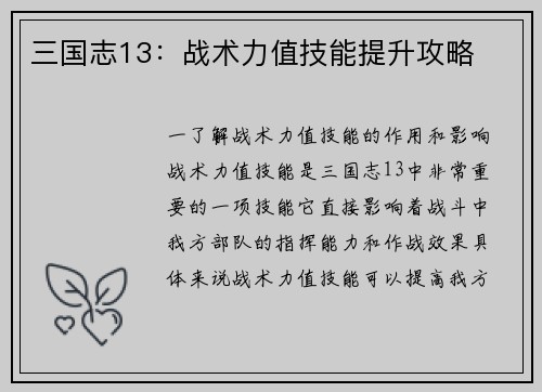三国志13：战术力值技能提升攻略